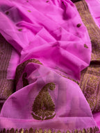 Baby Pink Pure khaddi Chiffon Silk Banarasi Border Booti Saree
