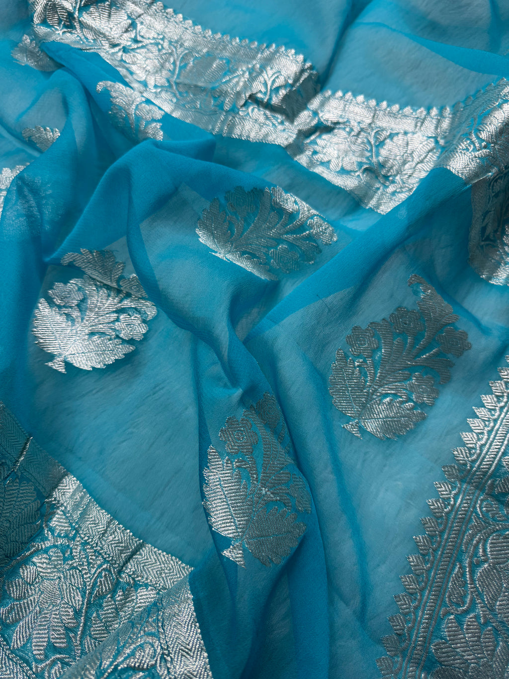 Sky Blue Pure Khaddi Chiffon Silk Banarasi Saree