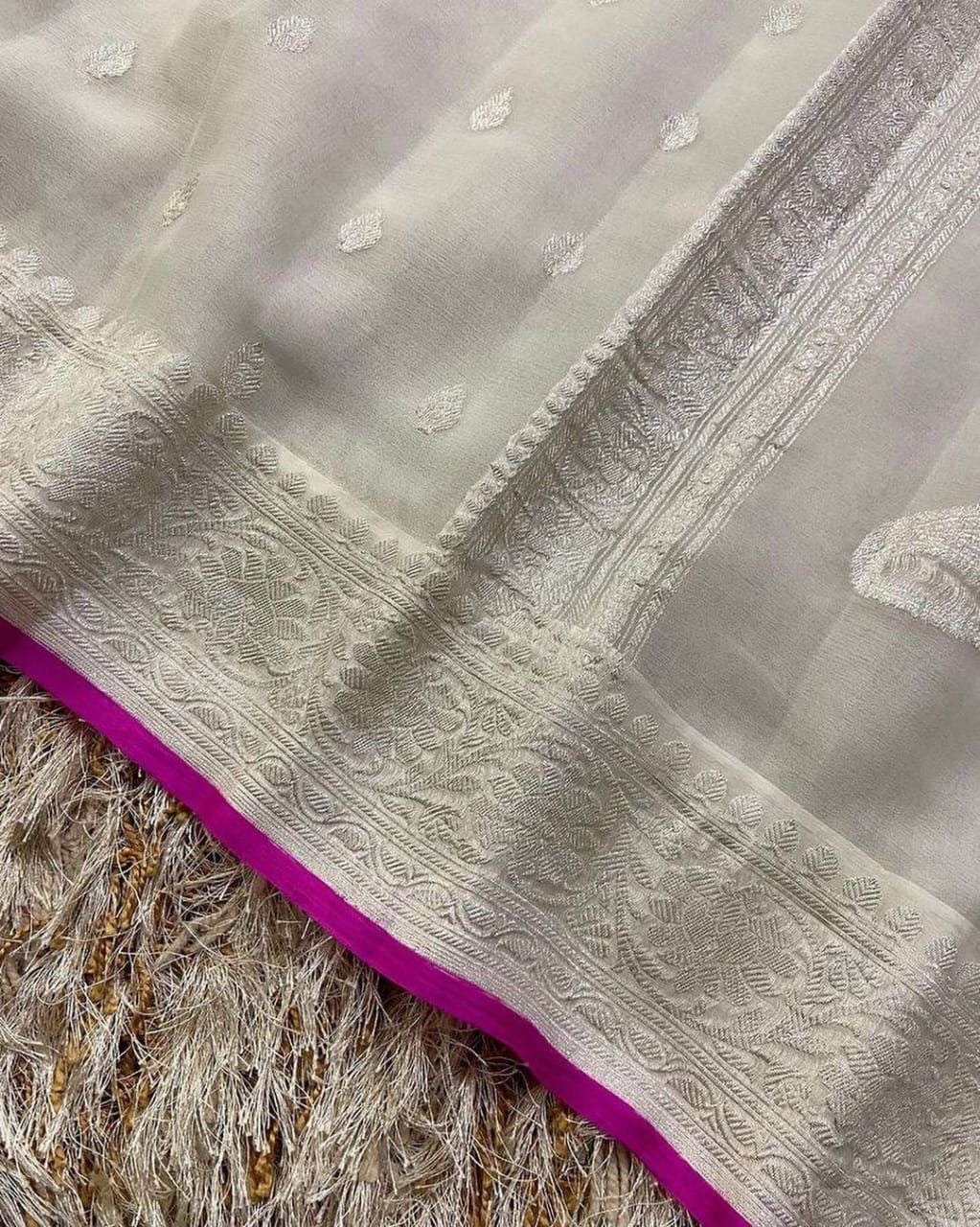 Ivory & Rani Pink Pure Khaddi Chiffon Silk Banarasi Saree