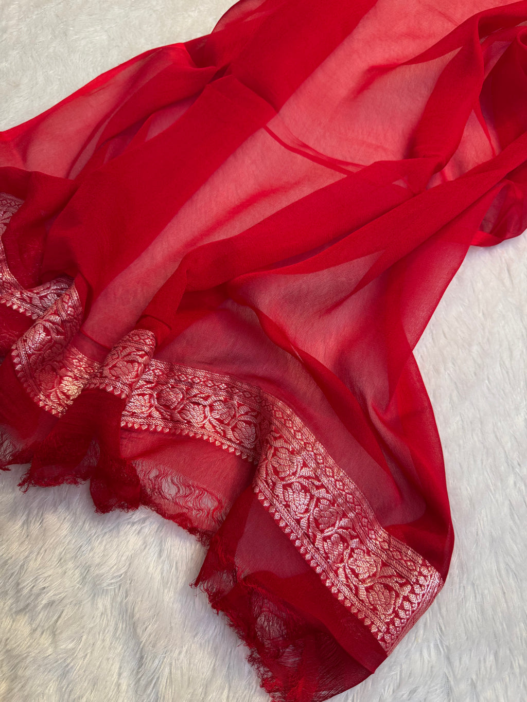Bright Peach & Red Pure Khaddi Chiffon Silk Banarasi Saree