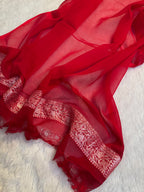 Bright Peach & Red Pure Khaddi Chiffon Silk Banarasi Saree