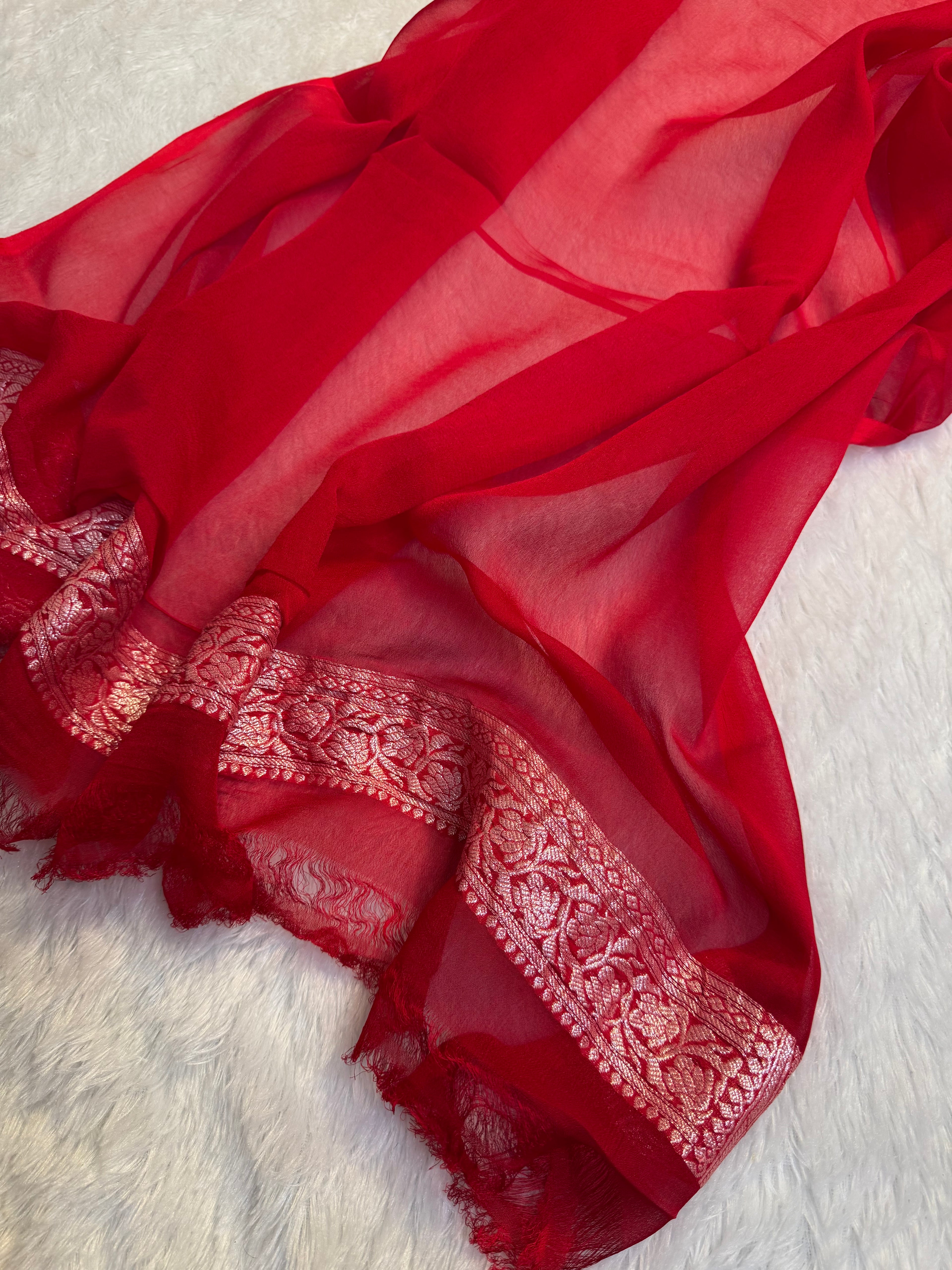 Bright Peach & Red Pure Khaddi Chiffon Silk Banarasi Saree