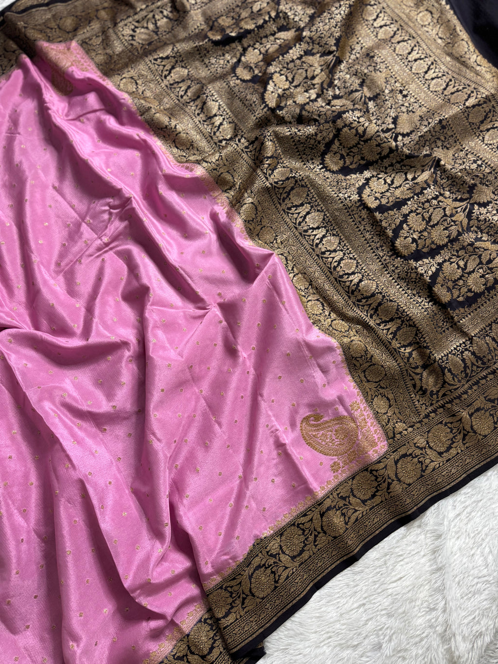 Dark Navy Blue & Pastel Pink Pure Khaddi Crep Silk Banarasi Saree