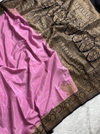 Dark Navy Blue & Pastel Pink Pure Khaddi Crep Silk Banarasi Saree