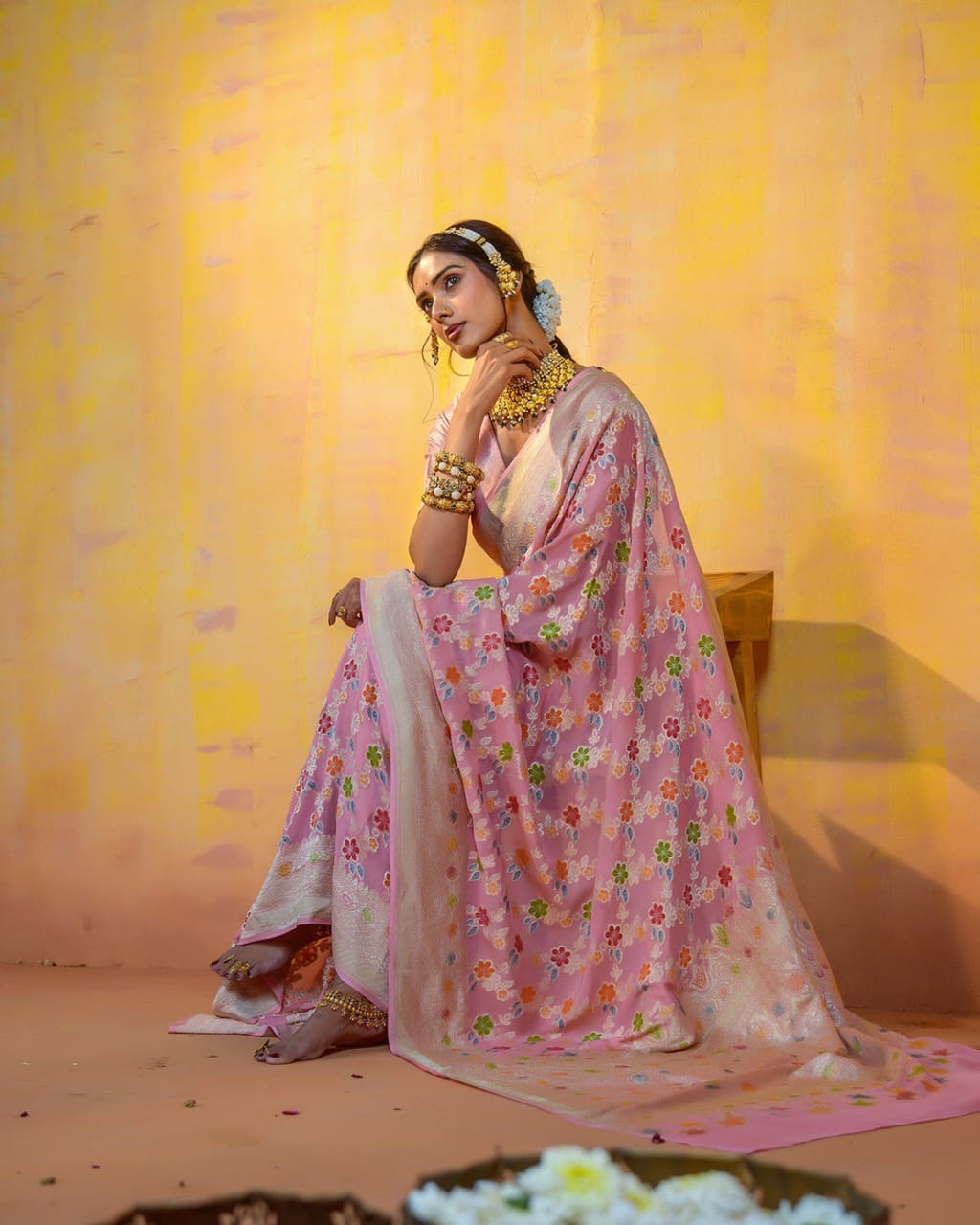 Baby Pink With Handbrush Pure Khaddi Georgette Silk Banarasi Saree