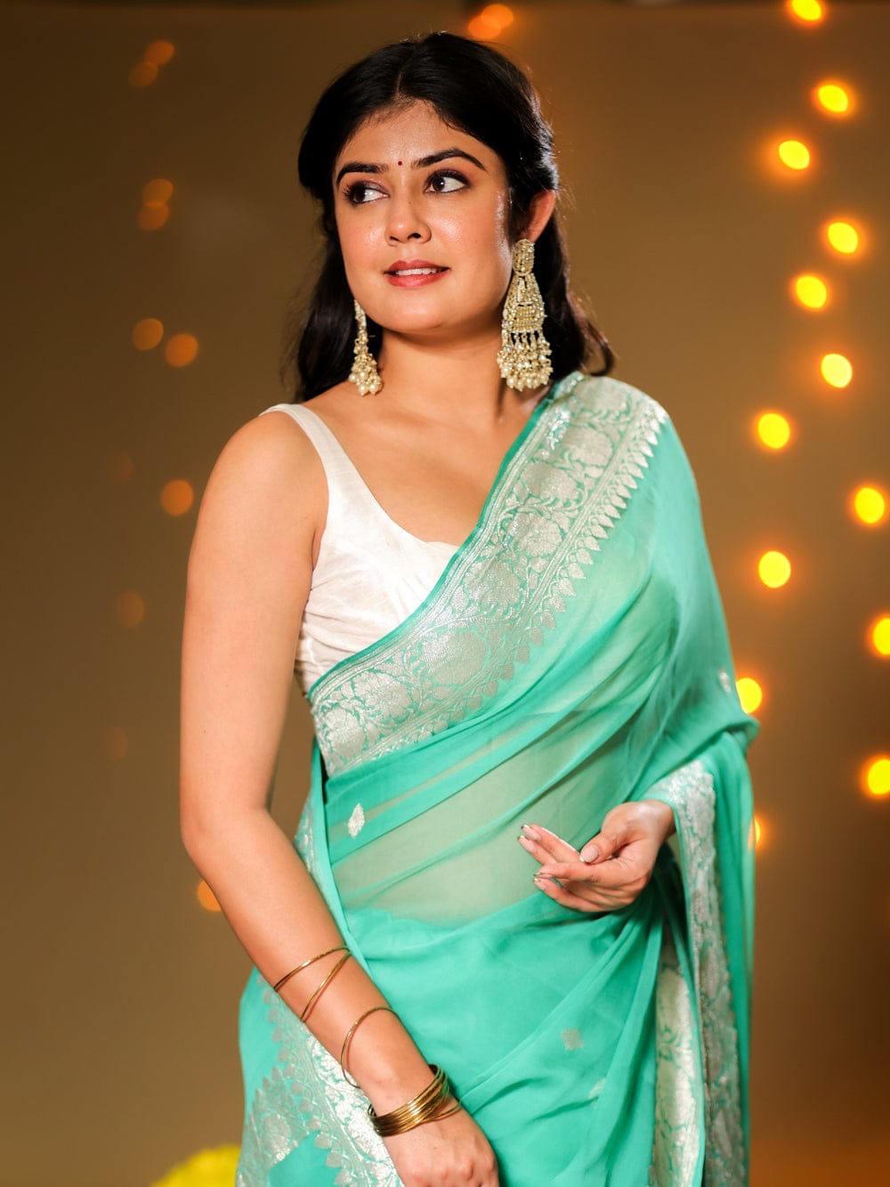 Sea Green Pure Khaddi Chiffon Silk Banarasi Saree