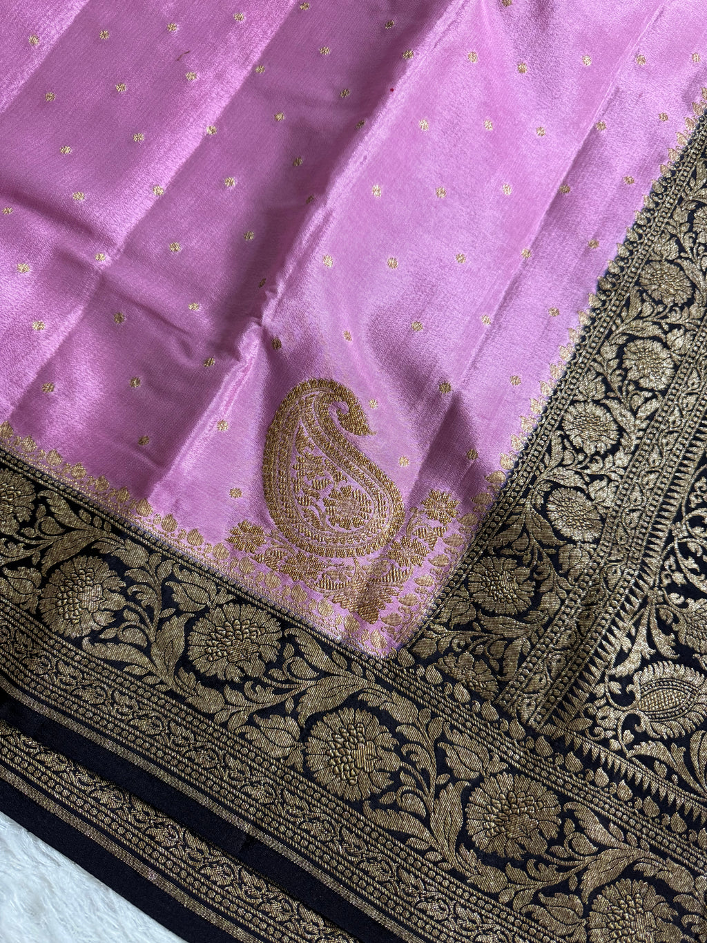 Dark Navy Blue & Pastel Pink Pure Khaddi Crep Silk Banarasi Saree