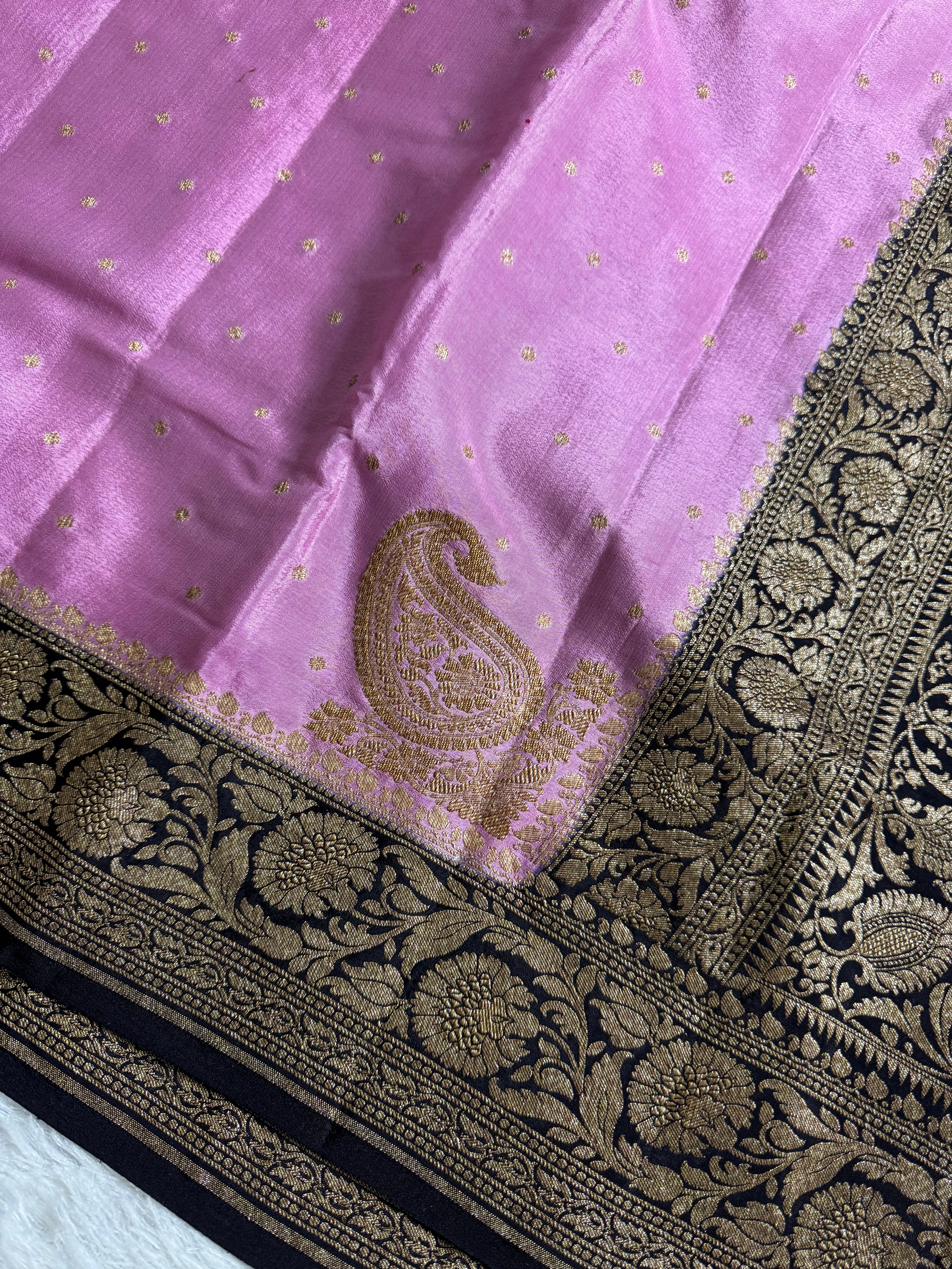 Dark Navy Blue & Pastel Pink Pure Khaddi Crep Silk Banarasi Saree