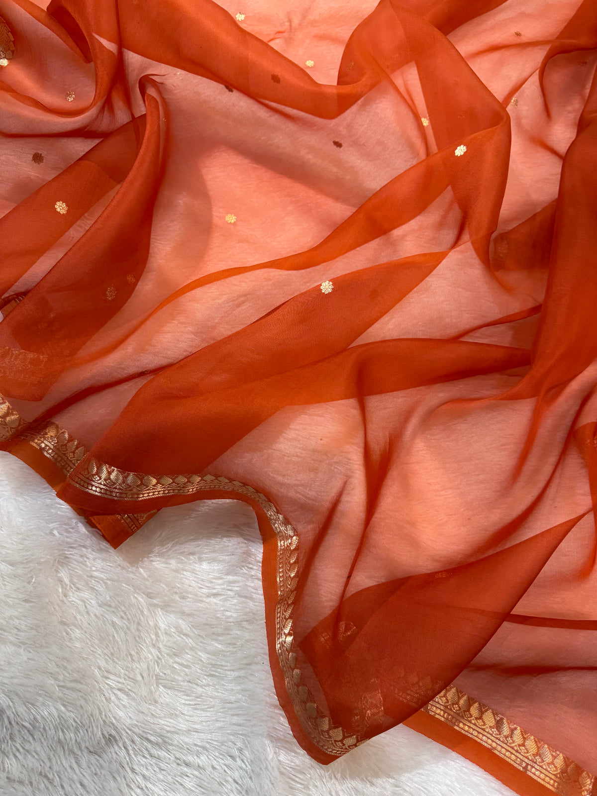 Rust Orange Pure Kora Organza Silk Banarasi Saree