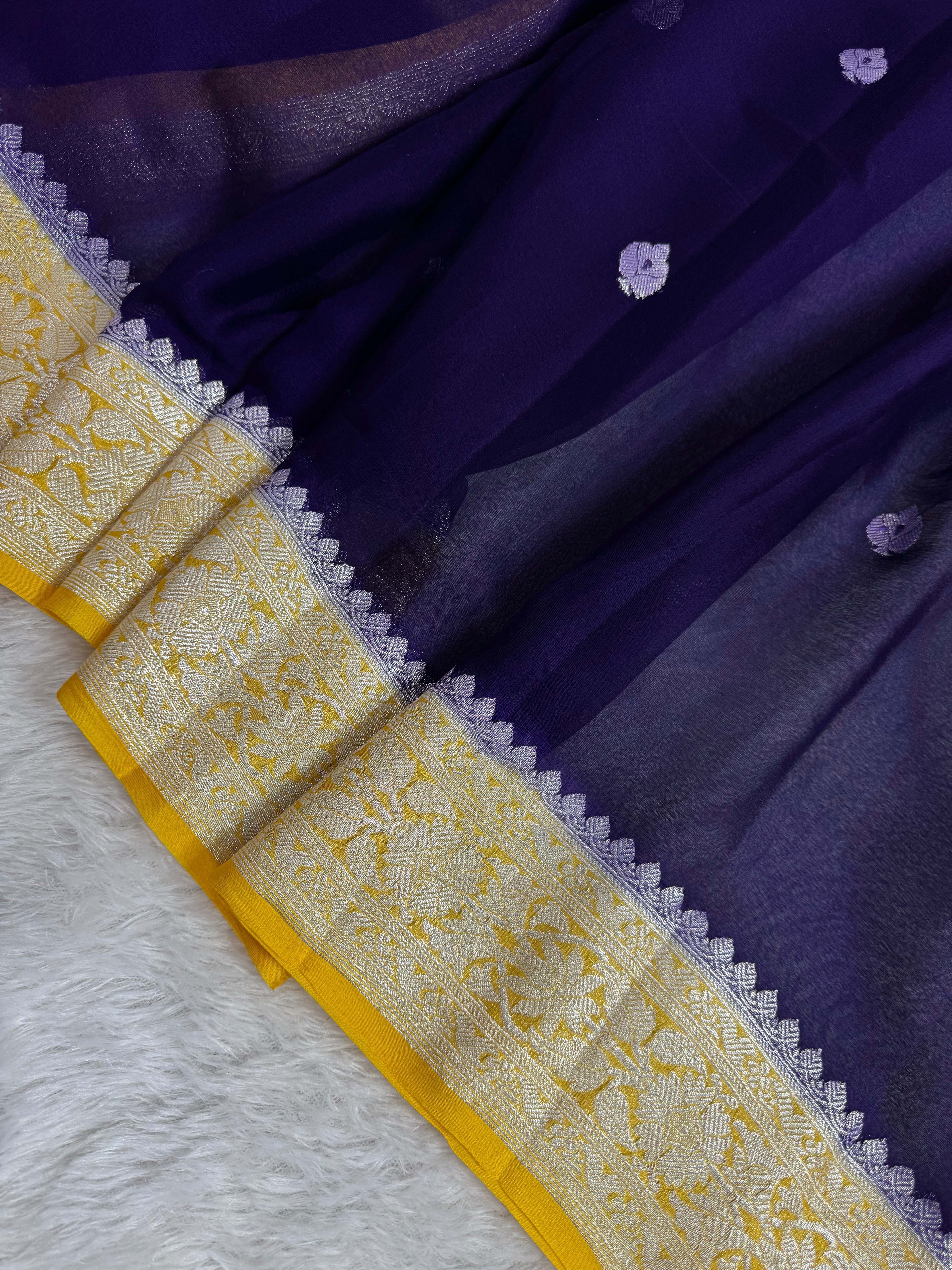 Navy Blue & Yellow Pure Khaddi Chiffon Silk Banarasi Saree