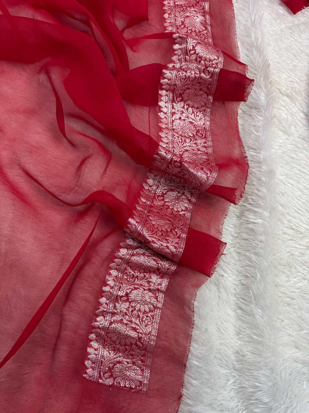 Yellow & Red Pure Khaddi Chiffon Silk Banarasi Saree