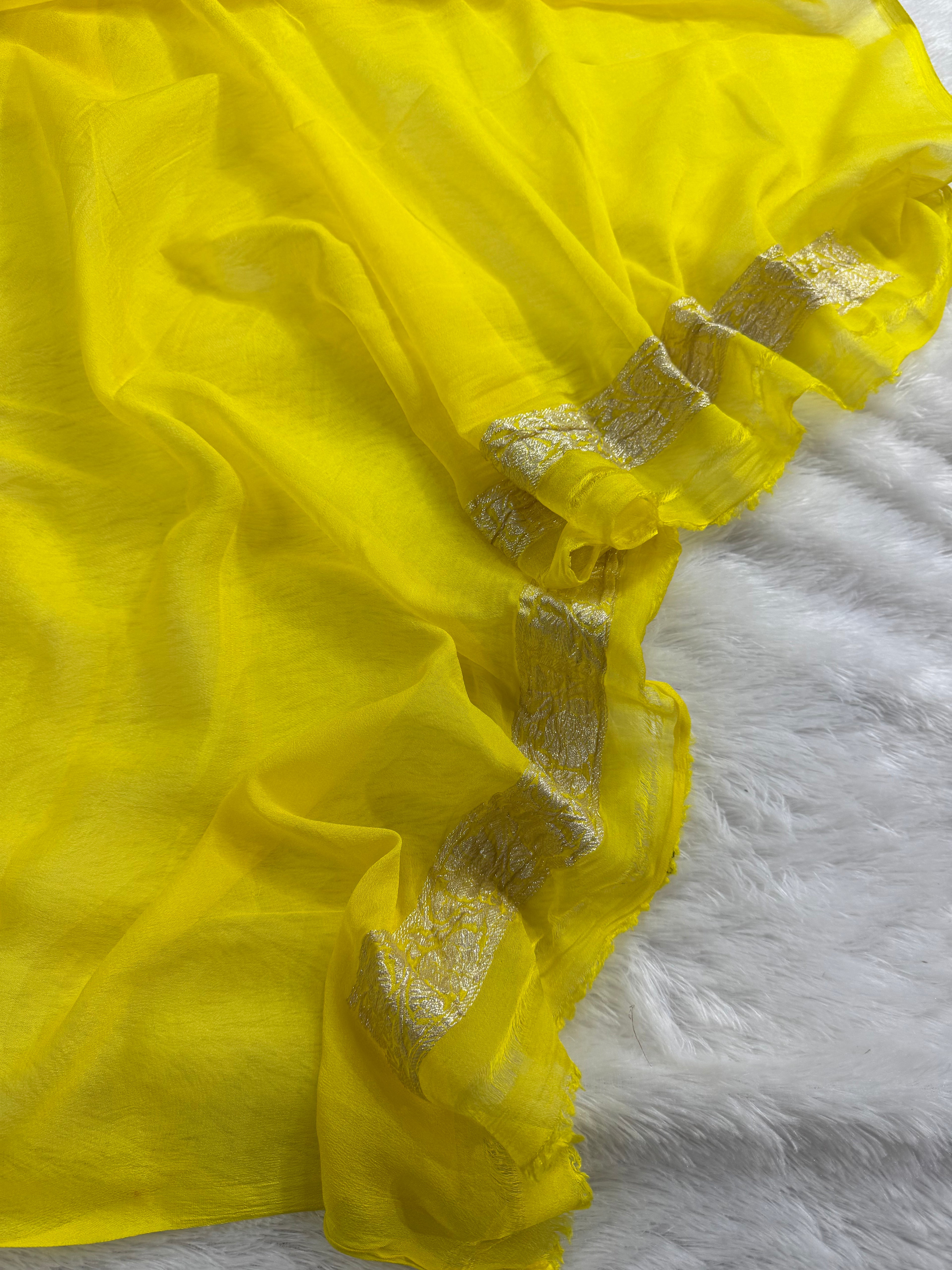 Bright Turquoise & Lemon Pure Khaddi Chiffon Silk Banarasi Saree