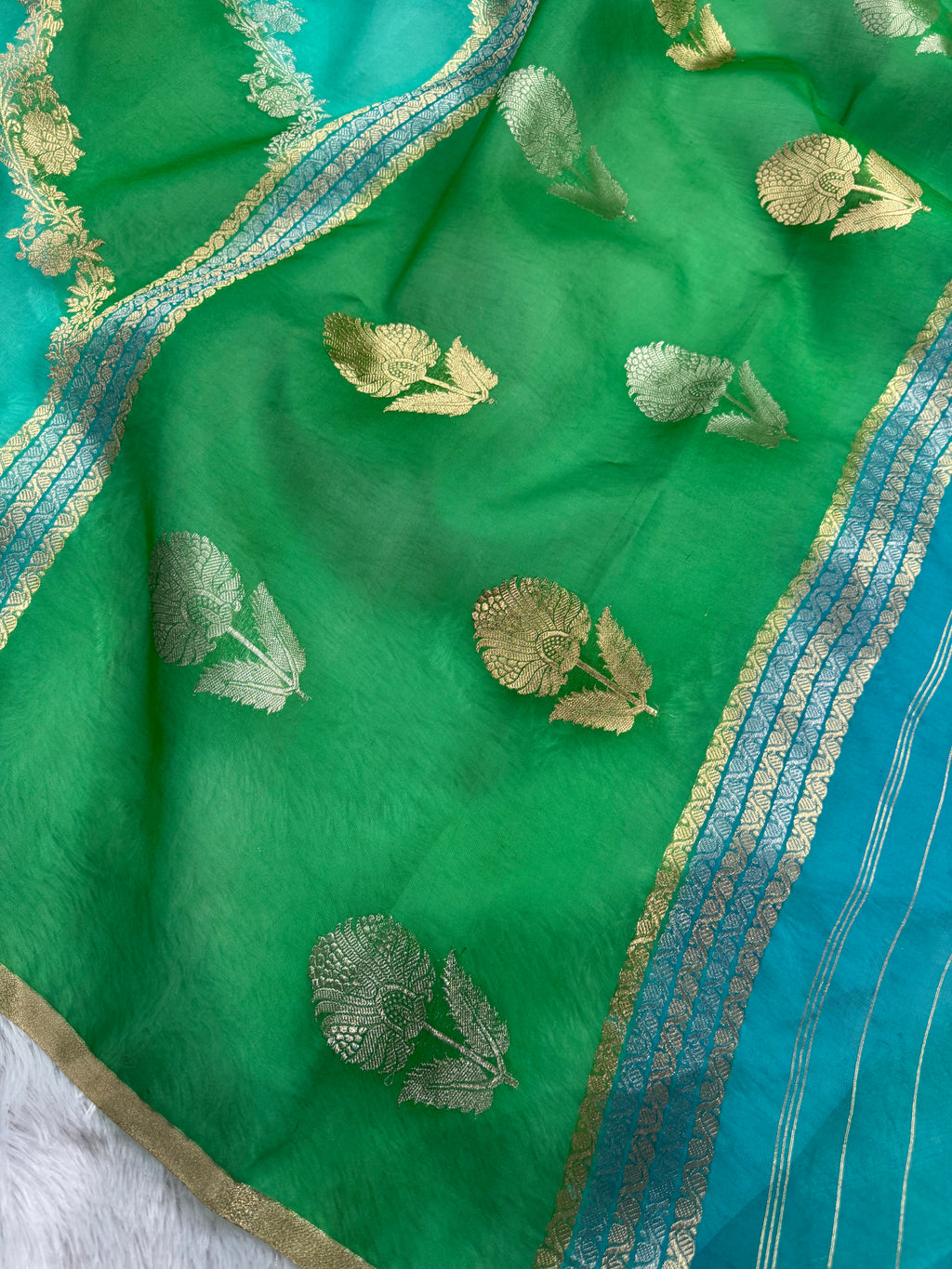 Sea Green Rangkat Pure Kora Organza Sona & Roopa Zari Stripe Weaving Banarasi Saree