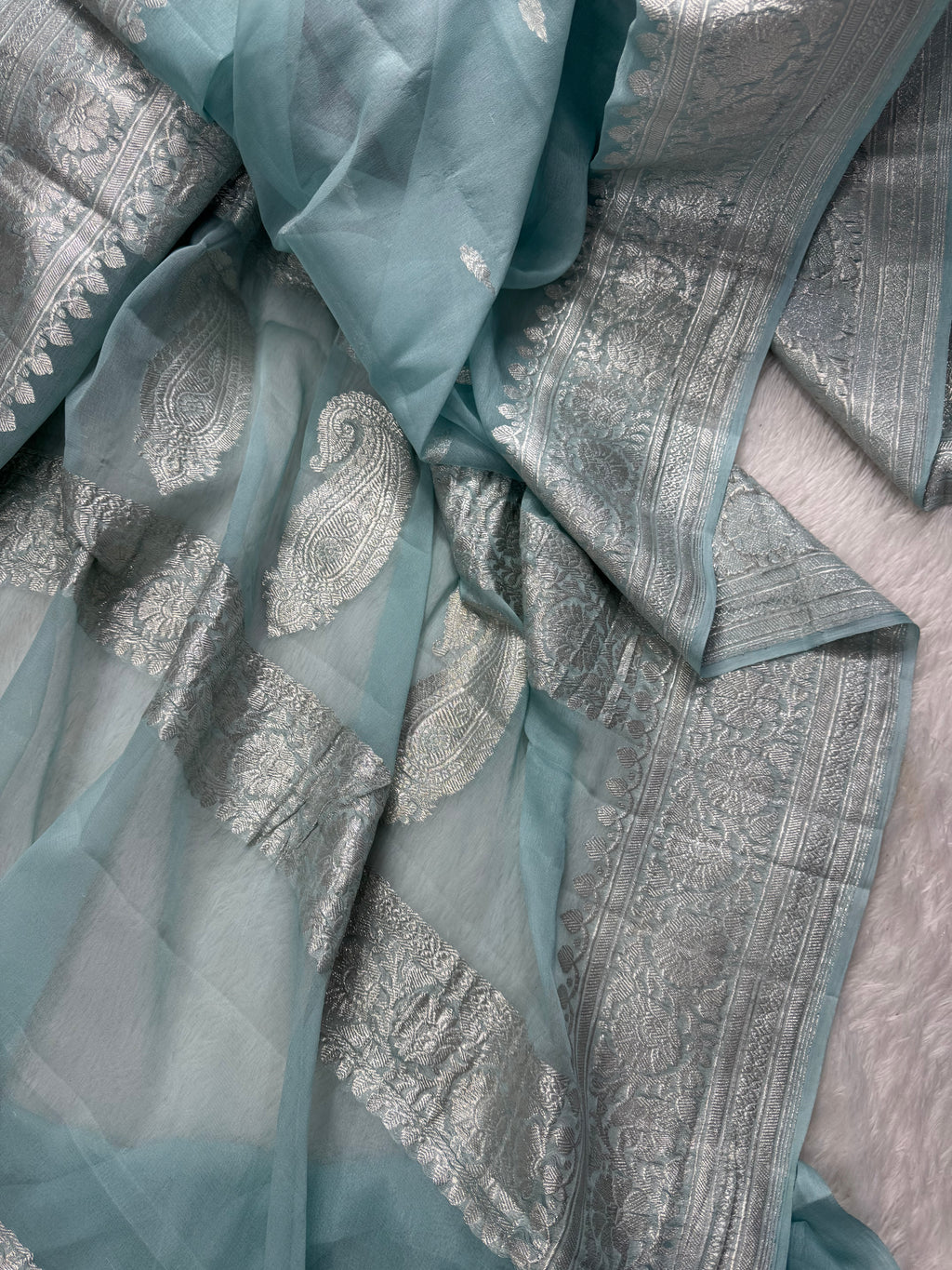 Pastel Ice Blue Pure Khaddi Chiffon Silk Banarasi Saree