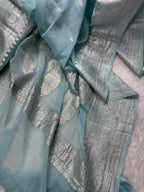 Pastel Ice Blue Pure Khaddi Chiffon Silk Banarasi Saree