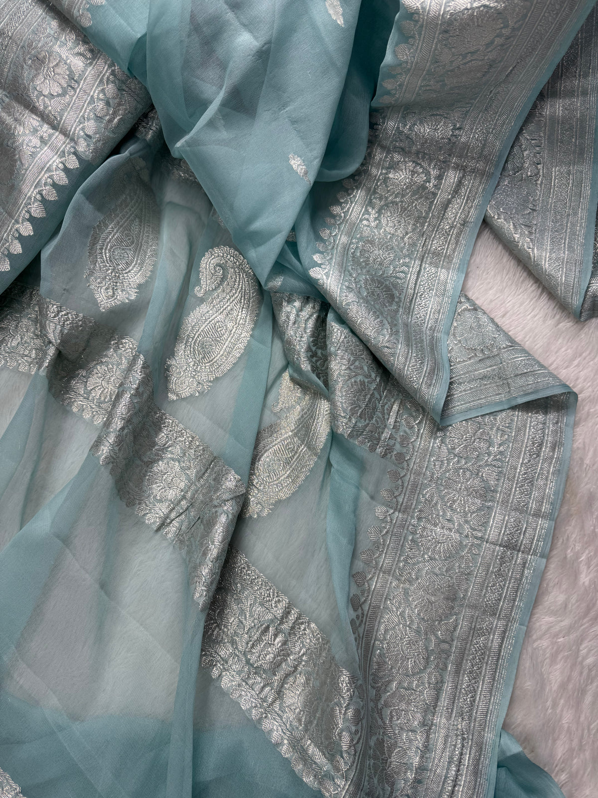 Pastel Ice Blue Pure Khaddi Chiffon Silk Banarasi Saree