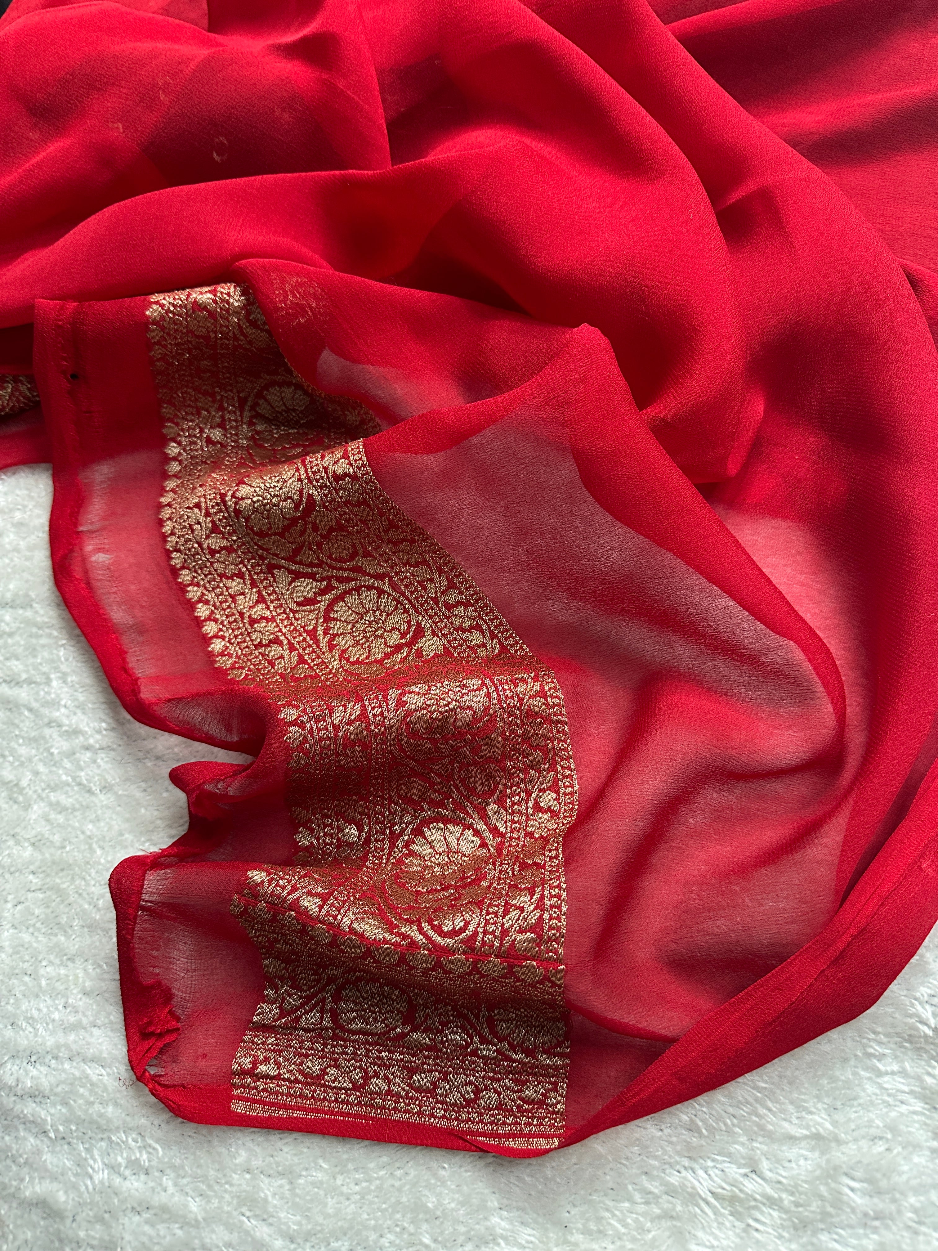 Black & Red Pure Khaddi Georgette Silk Banarasi Saree