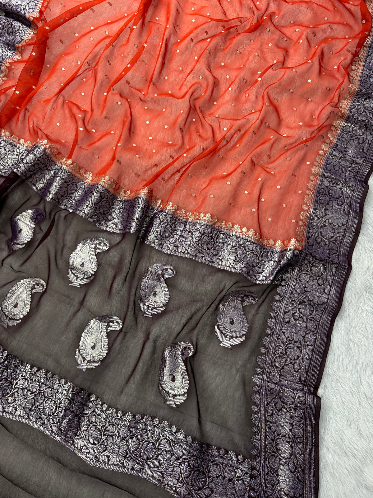 Rust Orange & Dark Wine Pure Khaddi Chiffon Silk Banarasi Saree