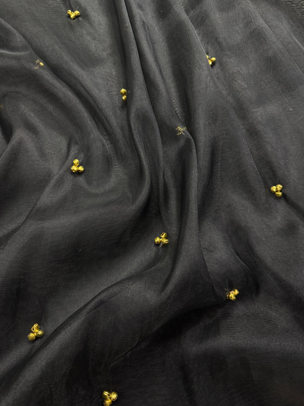 Black Tissue Silk Saree With Golden Ghungroo Butti Work & Luxury Lace Border