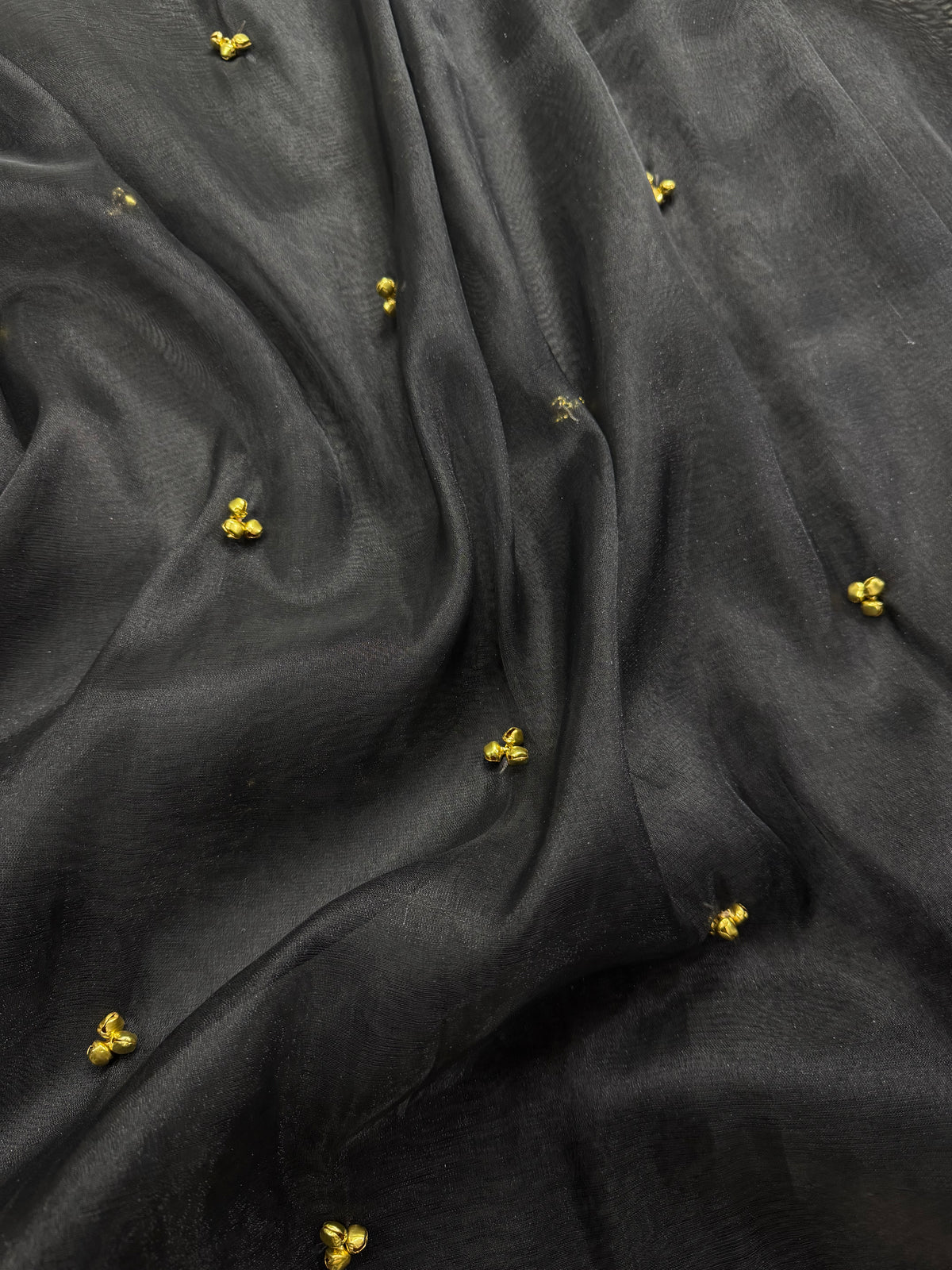 Black Tissue Silk Saree With Golden Ghungroo Butti Work & Luxury Lace Border