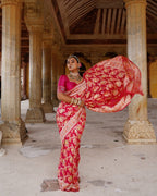Rani Pink With Handbrush Pure Khaddi Georgette Silk Banarasi Saree