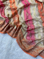 Beige Rangkat Handbrush Pure Khaddi Georgette Silk Banarasi Saree