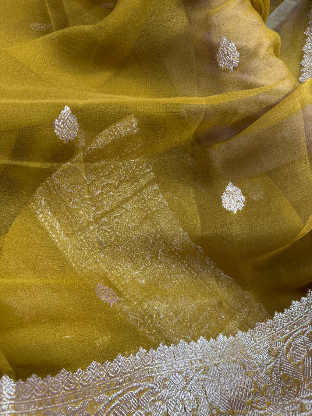 Golden Mustard Pure Khaddi Chiffon Silk Banarasi Saree
