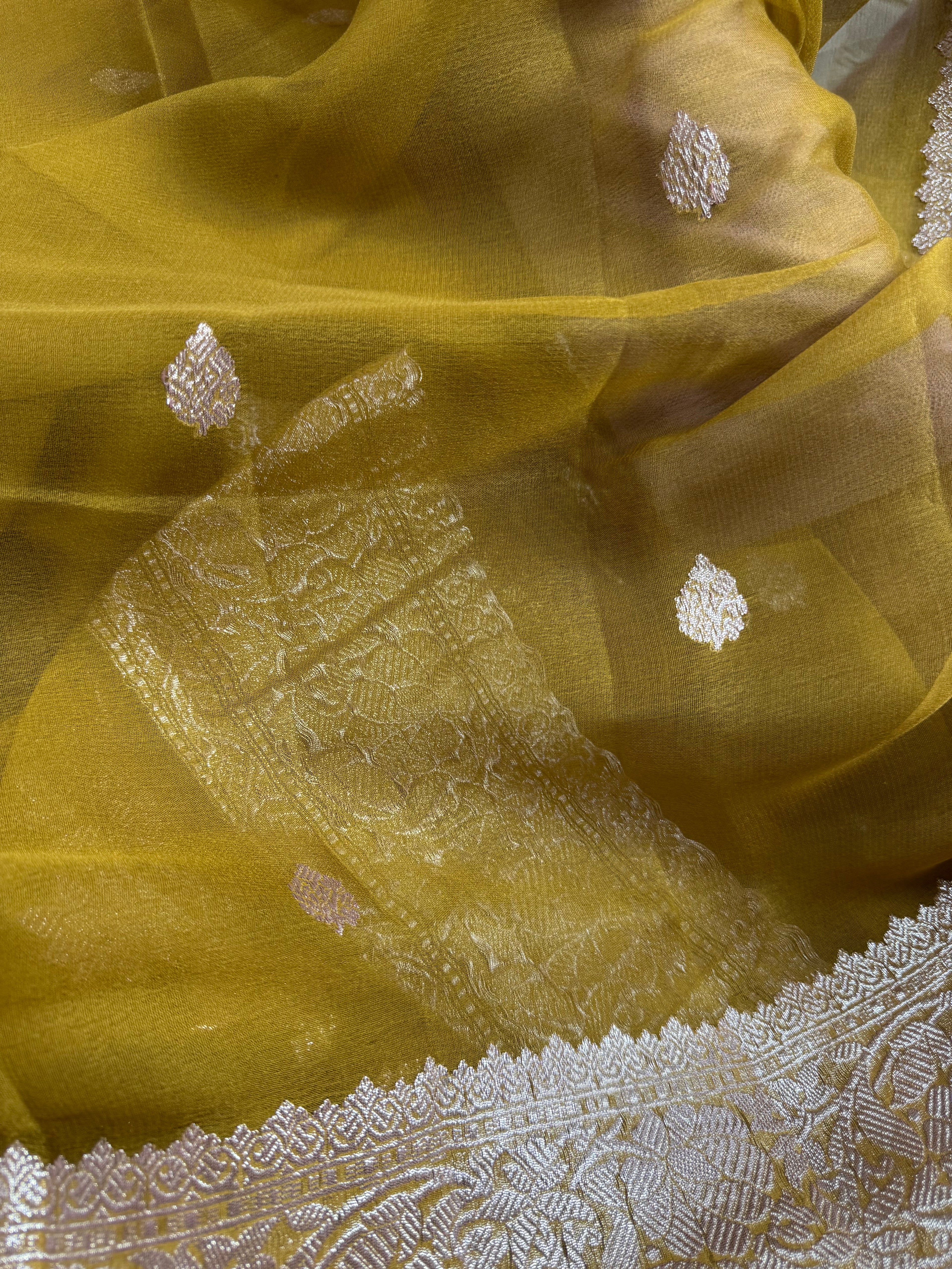 Golden Mustard Pure Khaddi Chiffon Silk Banarasi Saree