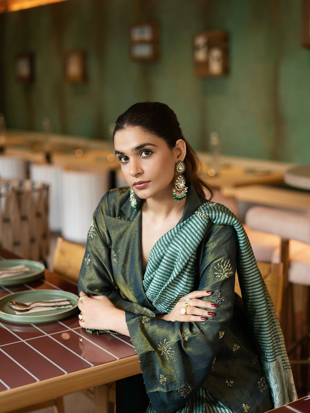 Green Stripe Pure Munga Tissue Silk Banarasi Saree