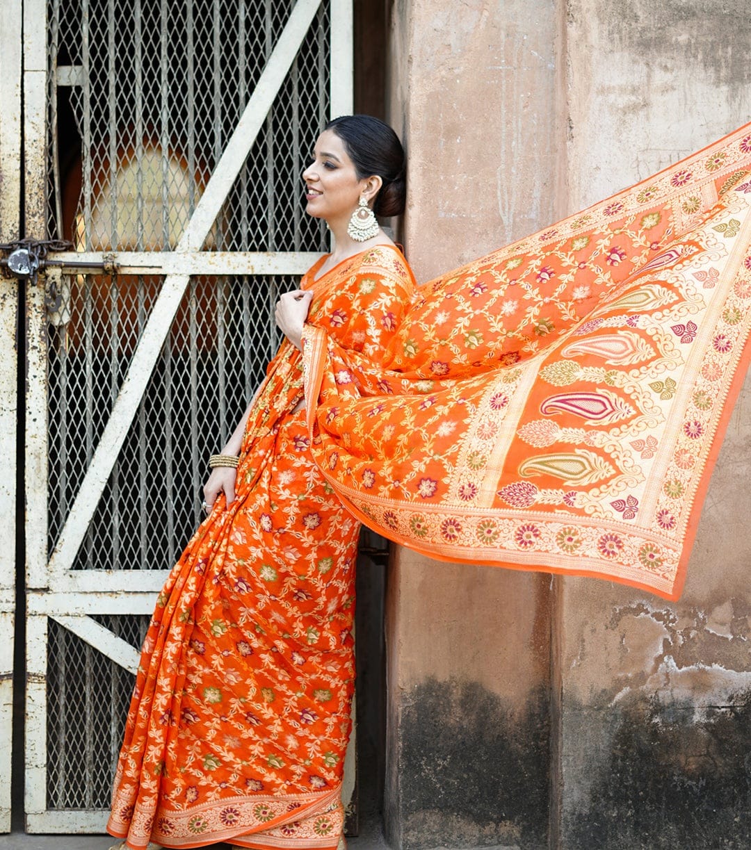 Fanta Orange Pure Khaddi Chiffon Silk Banarasi Saree