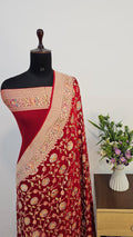 Red Handbrush Meenakari Pure Khaddi Georgette Silk Banarasi Saree