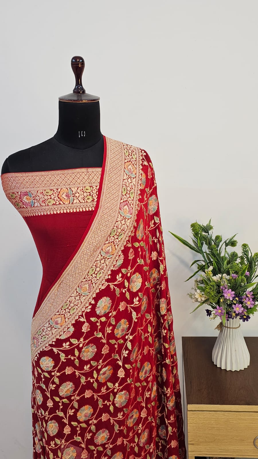 Red Handbrush Meenakari Pure Khaddi Georgette Silk Banarasi Saree