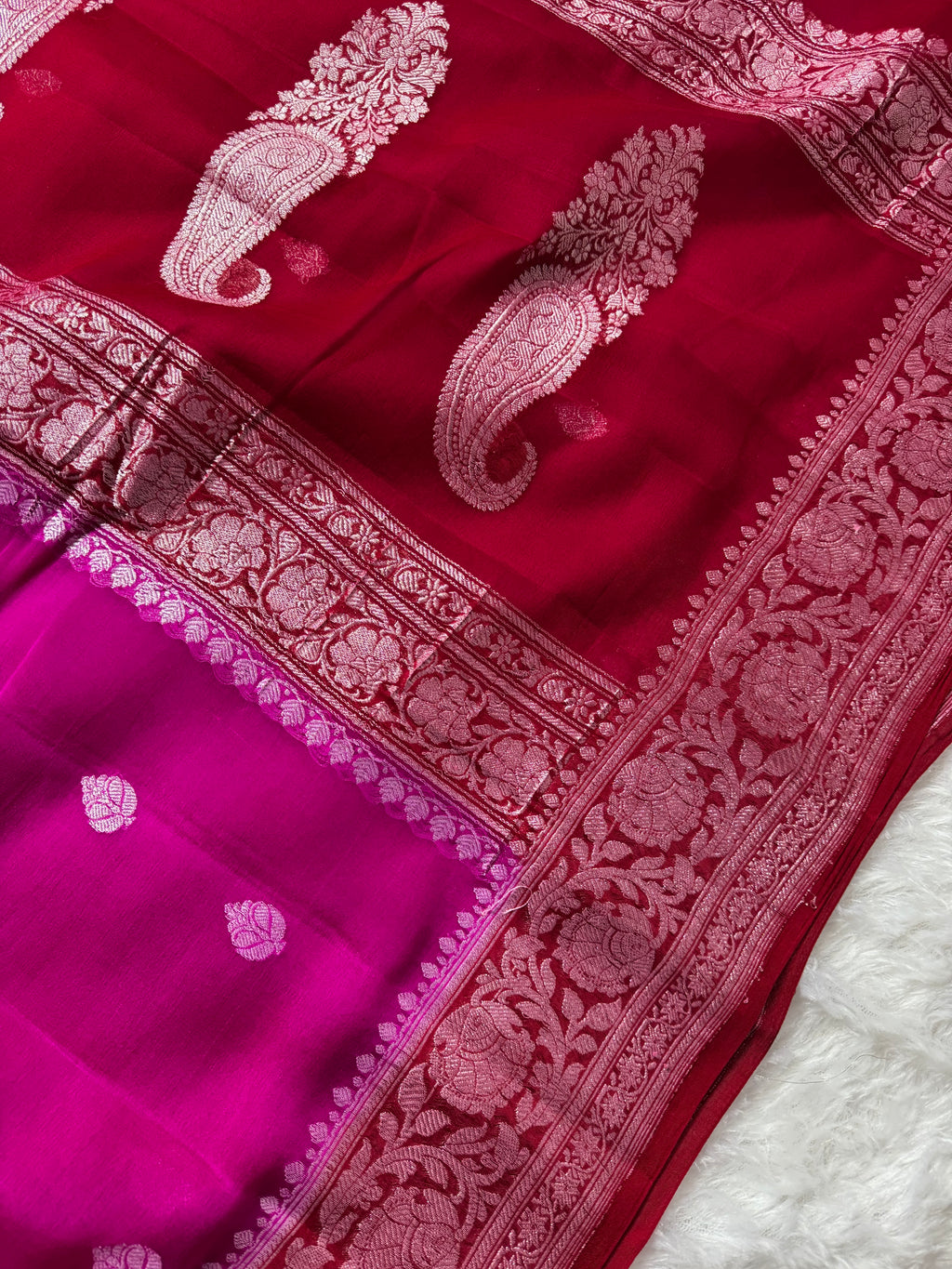 Rani & Red Pure Khaddi Chiffon Silk Banarasi Saree