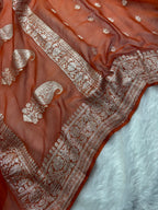 Rust Orange Pure Khaddi Chiffon Silk Banarasi Saree