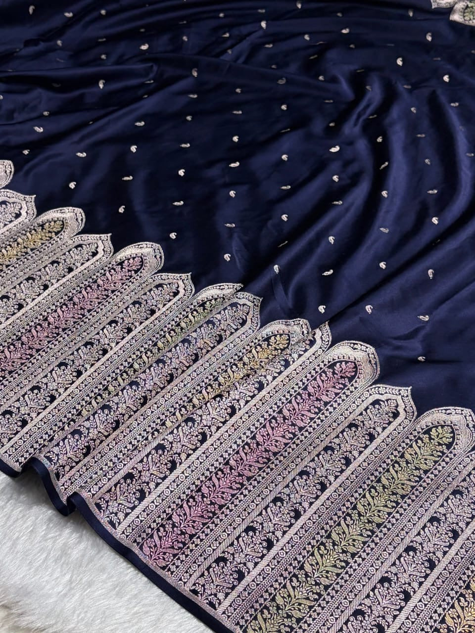 Navy Blue Meenakari Mashru Katan Silk Banarasi Saree