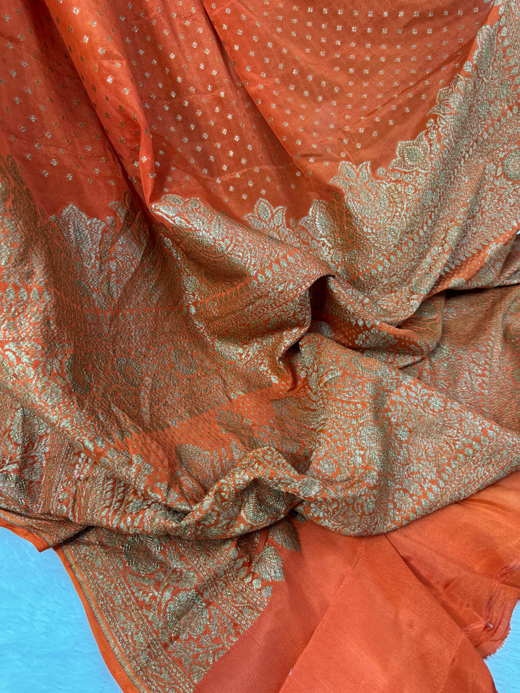Rust Orange Pure Khaddi Crep Silk Banarasi Saree