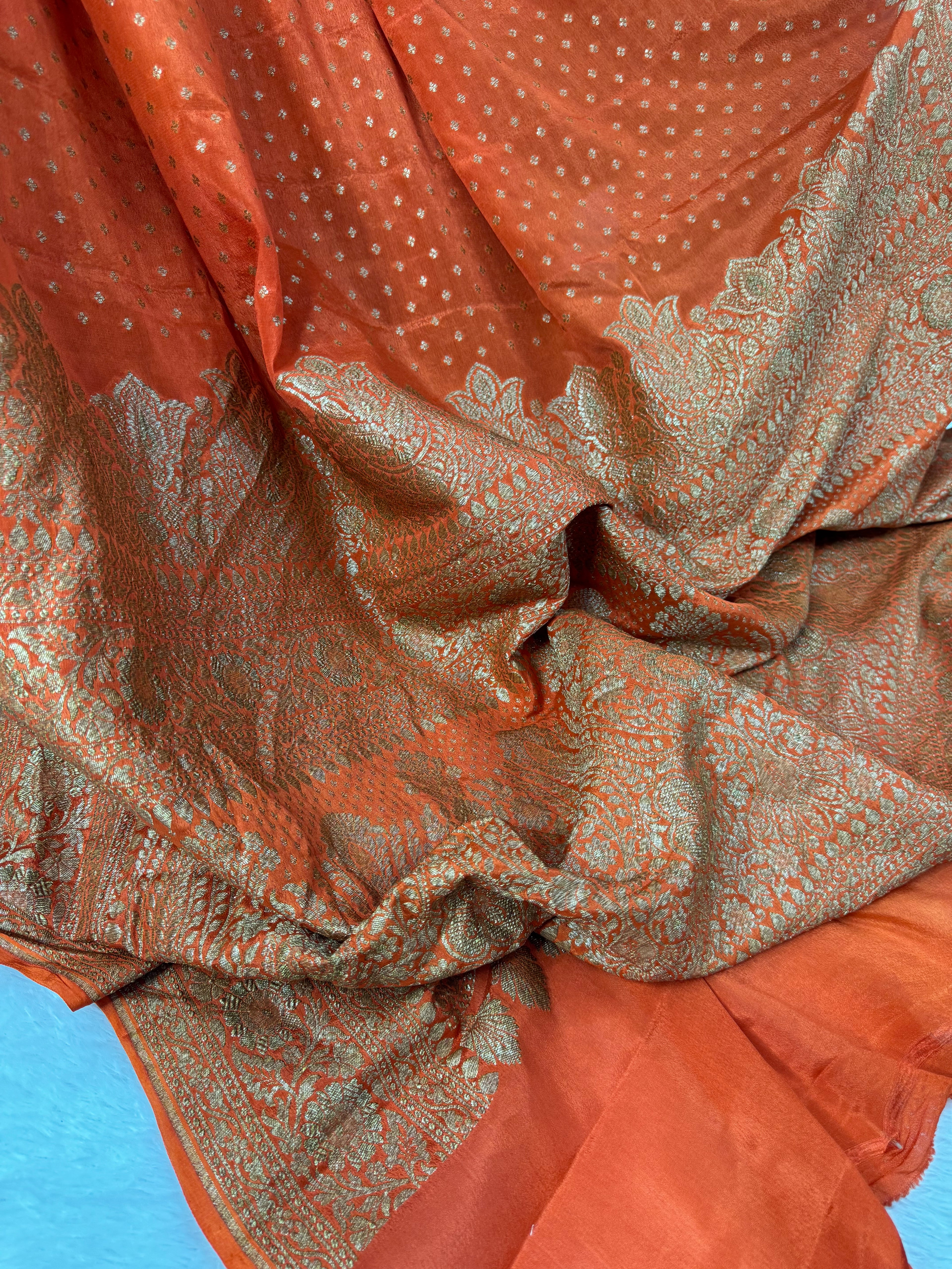 Rust Orange Pure Khaddi Crep Silk Banarasi Saree
