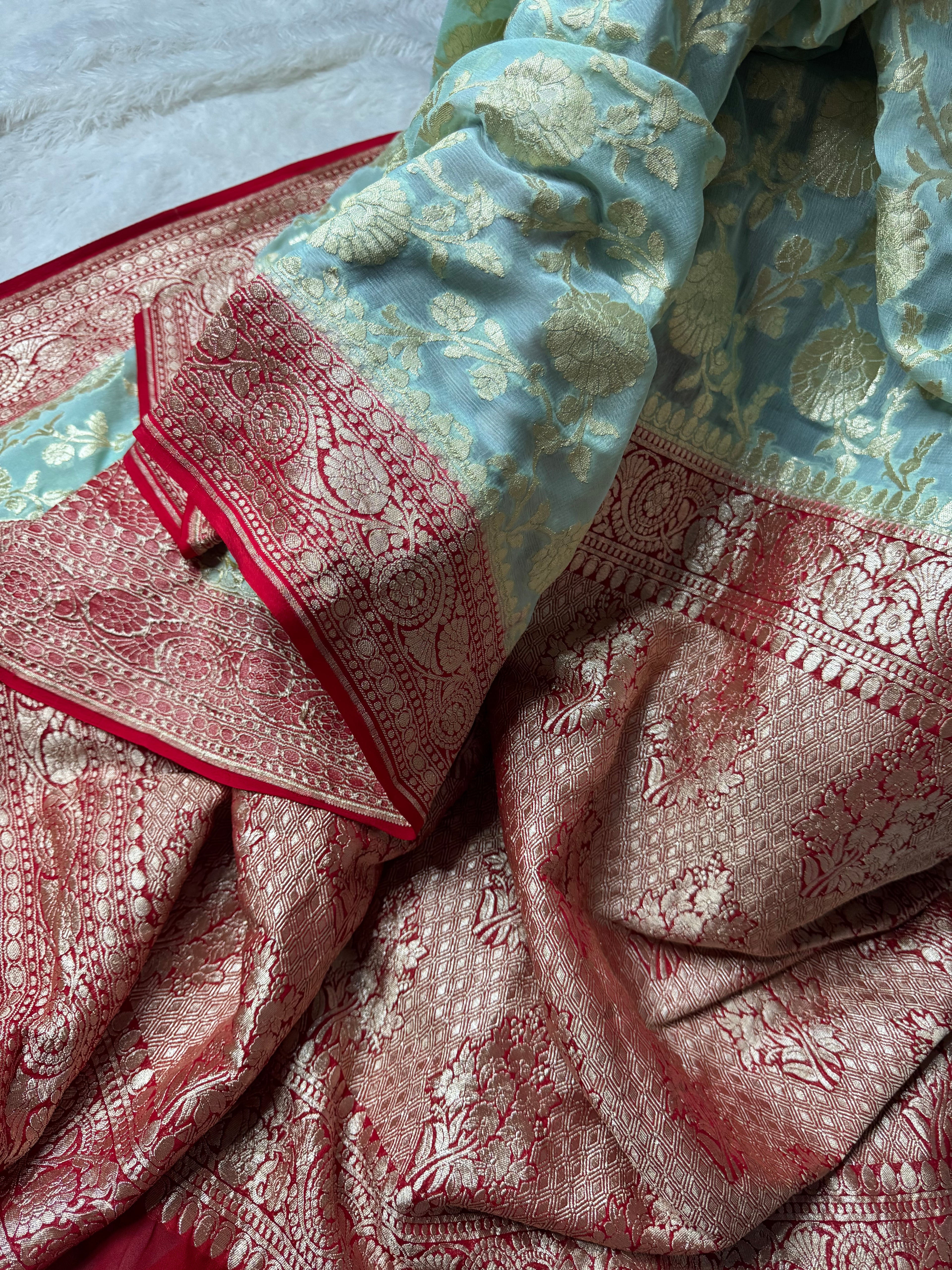 Pastels & Red Pure Khaddi Georgette Silk Banarasi Saree