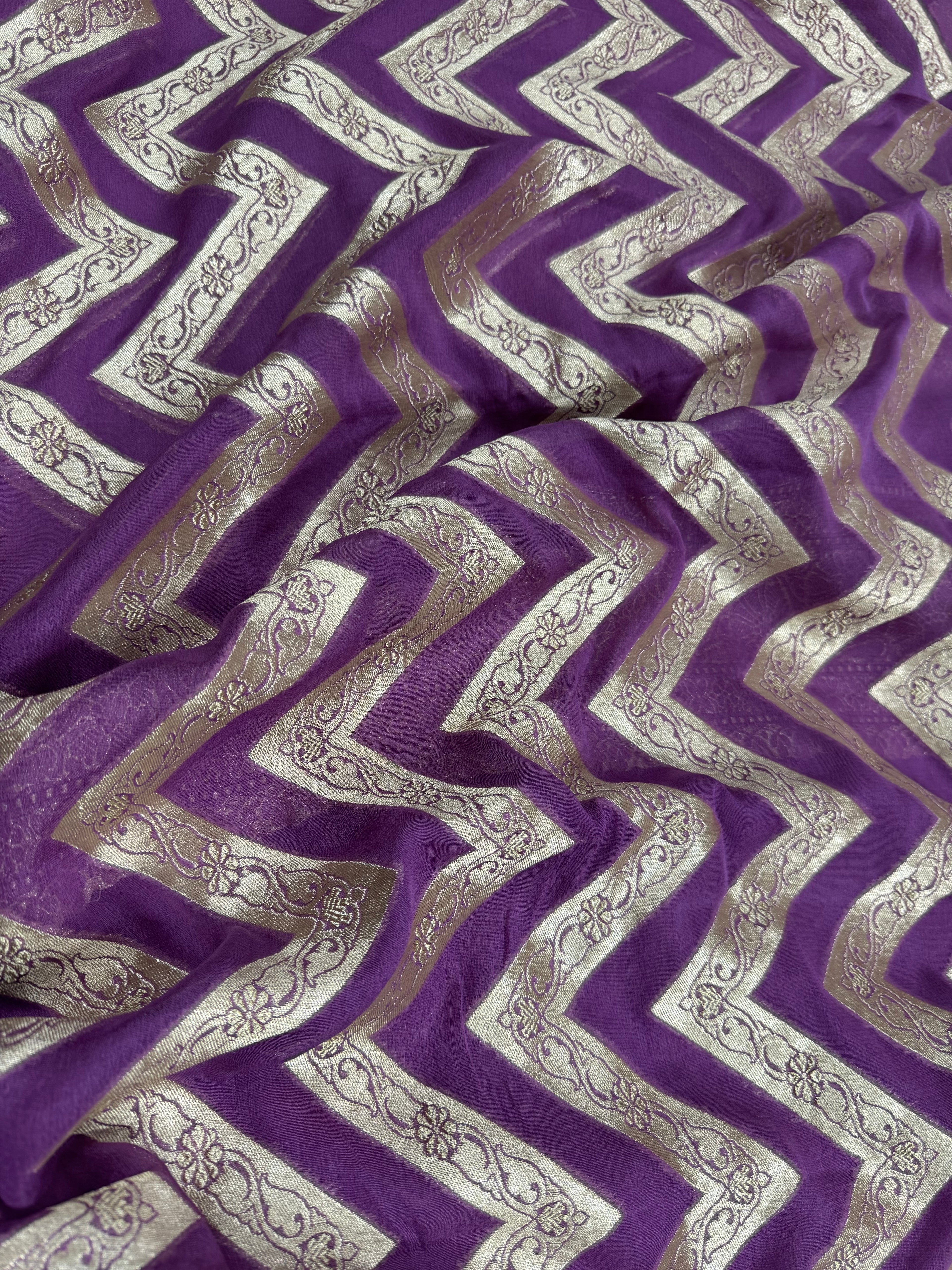 Regel Purple Pure Khaddi Georgette Silk Banarasi Stripe Saree
