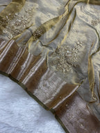Olive Gold Pure Tissue Silk Banarasi Zardozi Work Saree