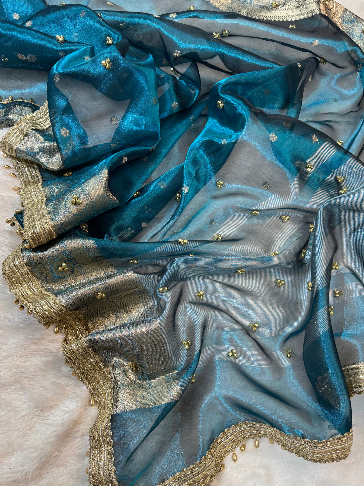 Ocean Tissue Silk Saree With Golden Ghungroo Butti Work & Luxury Lace Border