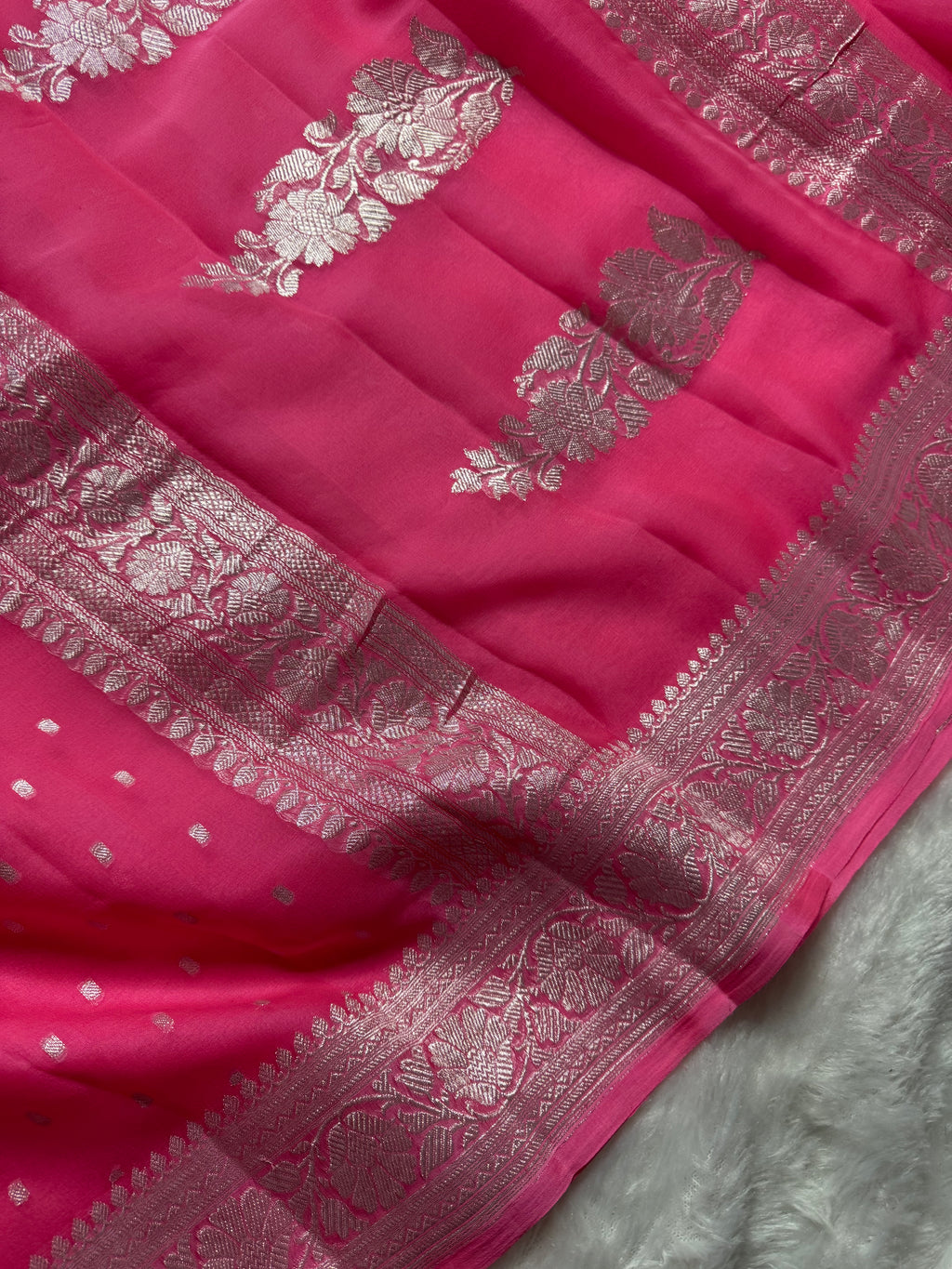 Pink Pure Khaddi Chiffon Silk Banarasi Thousand Booti Saree