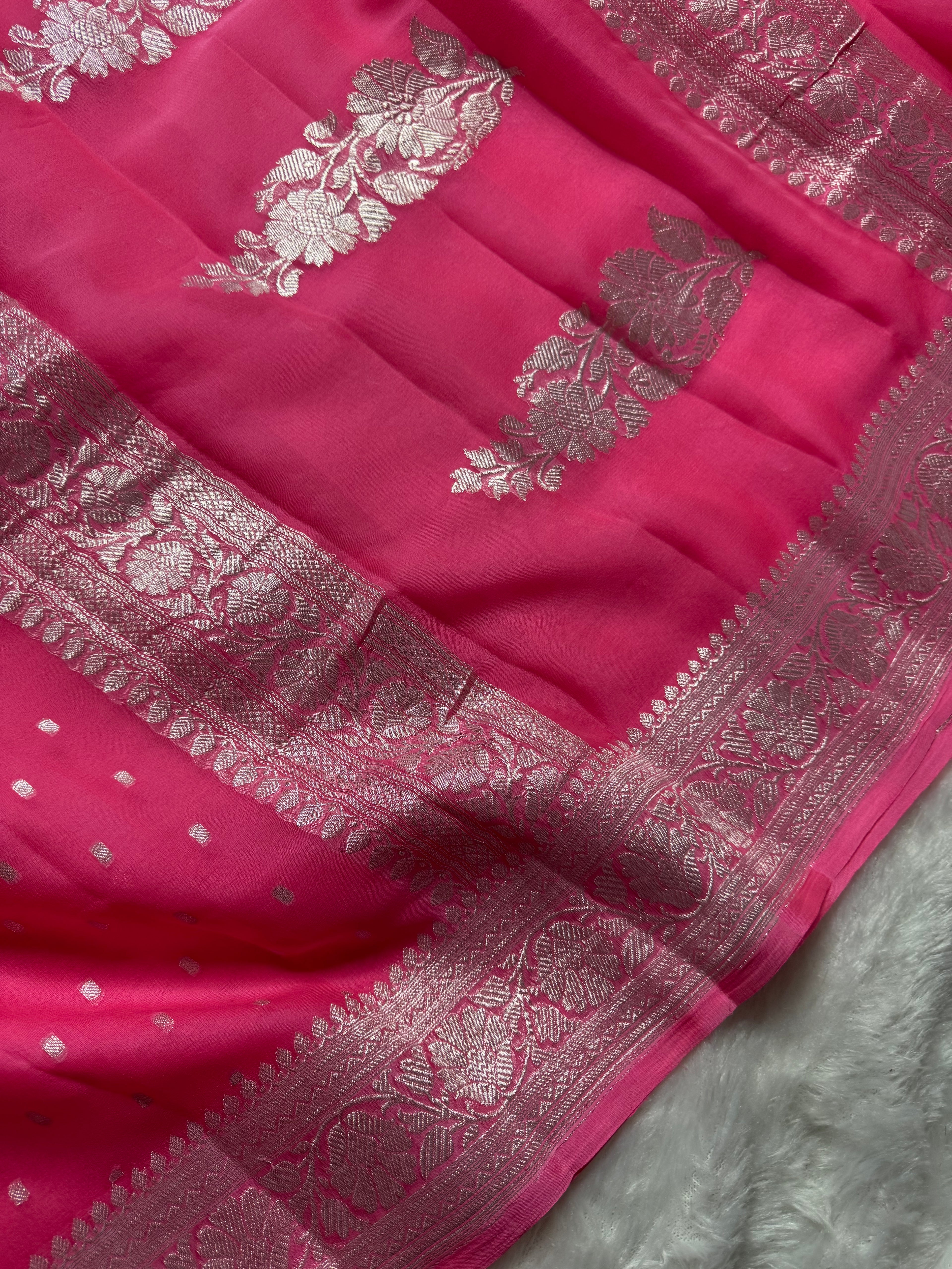 Pink Pure Khaddi Chiffon Silk Banarasi Thousand Booti Saree