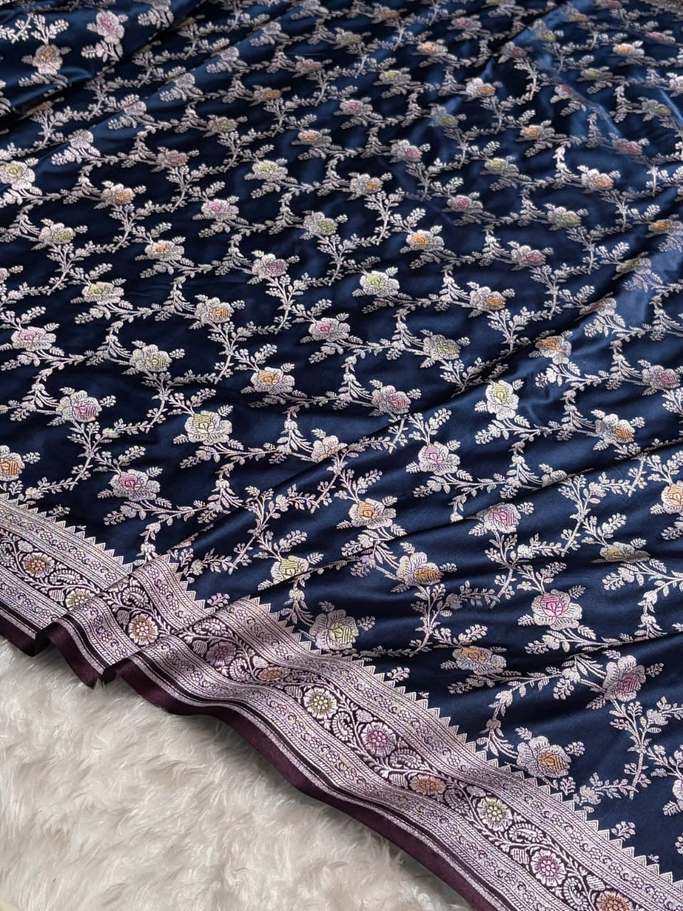 Navy blue & Wine Meenakari Mashru Katan Silk Banarasi Saree