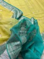Lemon & Sea Green Pure Khaddi Chiffon Silk Banarasi Saree