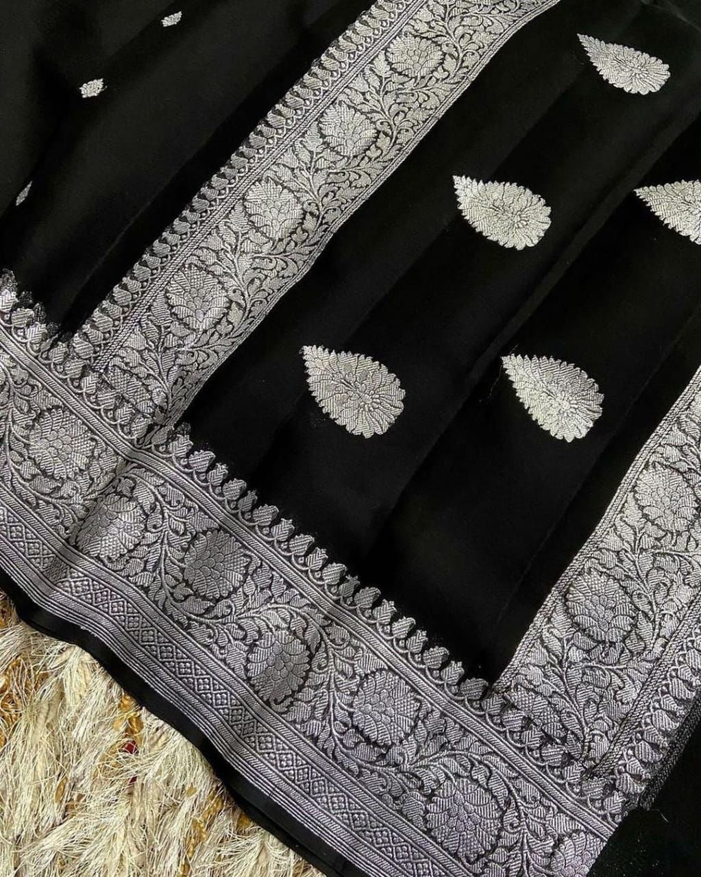 Black Pure khaddi Chiffon Silk Banarasi Saree