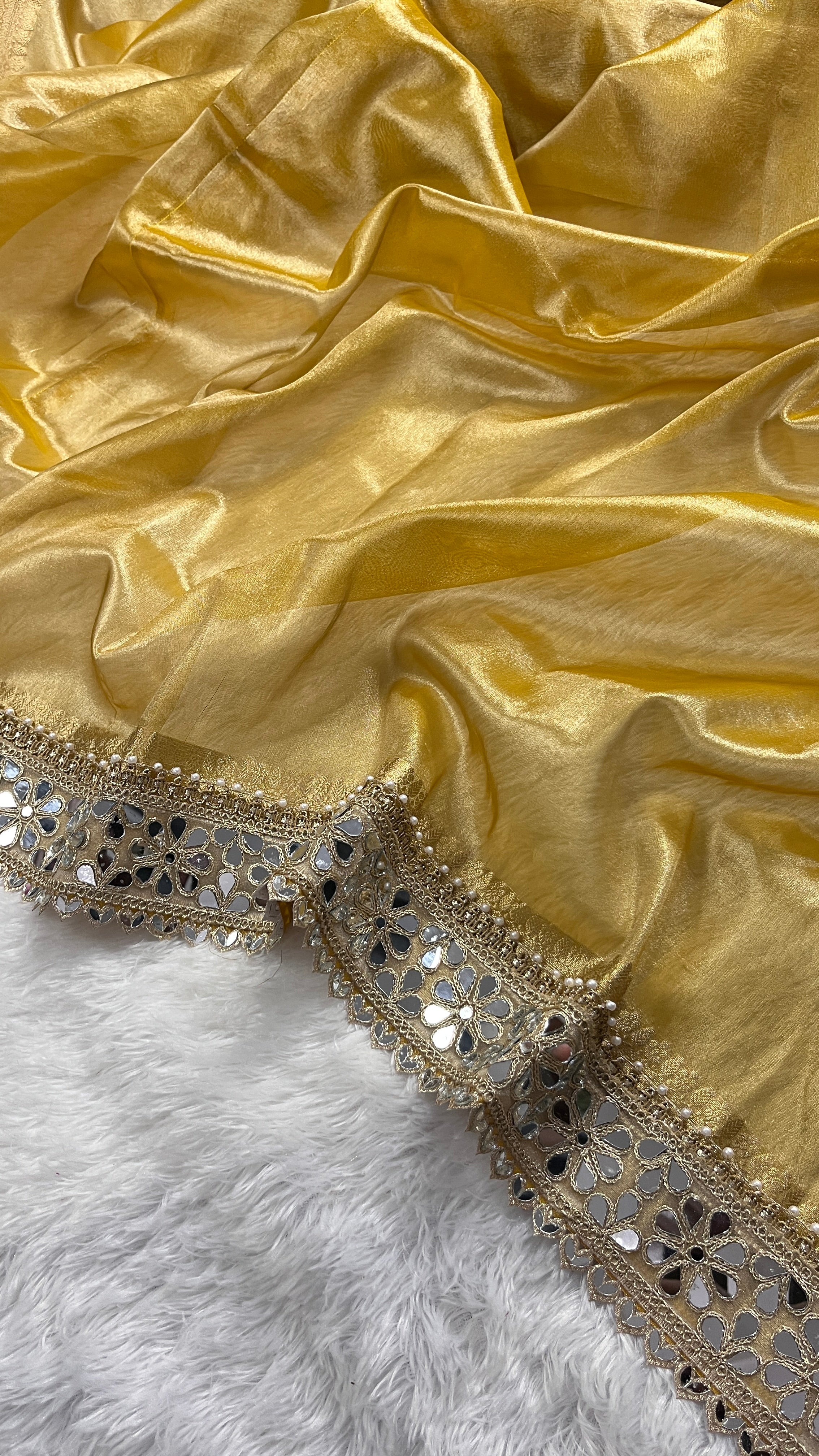 Golden Yellow Tissue Silk Saree With Intricate Zari Weaving & Mirror Lace Border