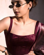 Reddish Wine Stripe Pure Tissue Silk Banarasi Saree