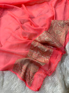 Peach Pure Khaddi Georgette Silk Banarasi Saree