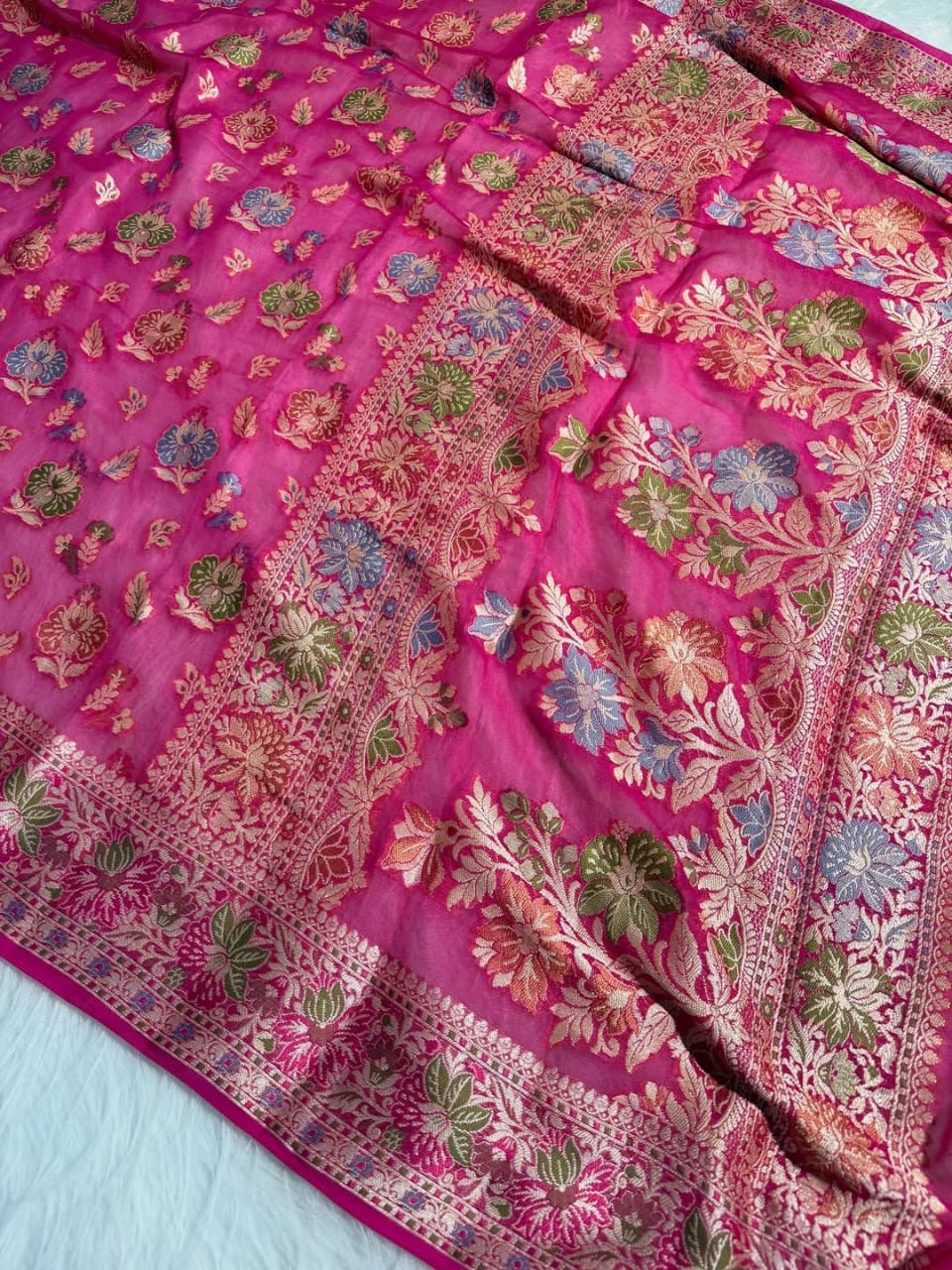 Rani Pink Pure Chiffon Silk Banarasi Saree